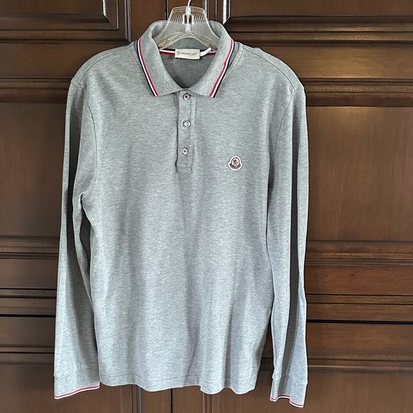 MONCLER Heather Grey Long Sleeve Polo Shirt with Signature Accents - Picture 1 of 10